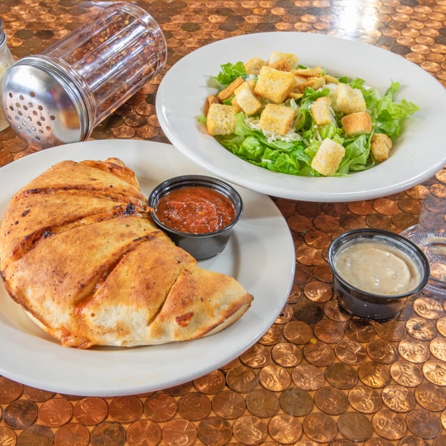 Lunch Gourmet Calzone and Salad.